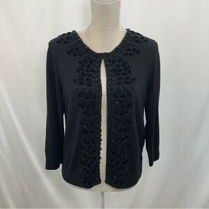TALBOTS Lambswool Blend Cardigan Sz PL Black Beaded 3/4 Sleeve Sweater EUC